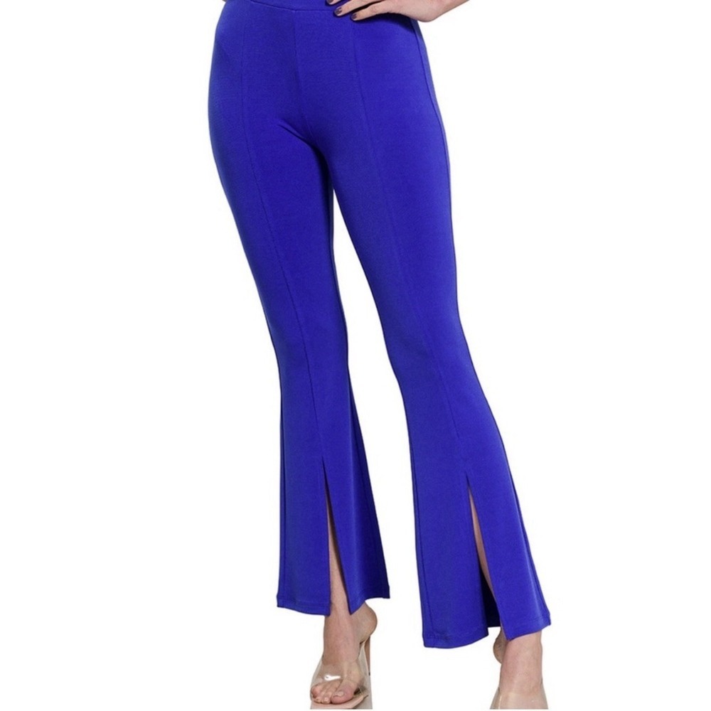 ZENANA Career Slacks Sz L Royal Blue High Rise‎ Front Slit Leg Slinky Knit Pants